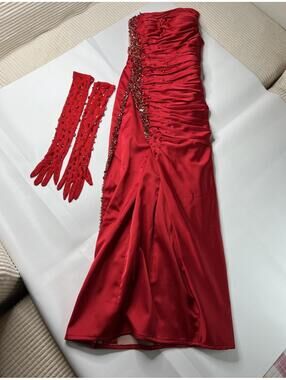 Red Strapless Evening Gown with Beaded Detailing and Matching Gloves